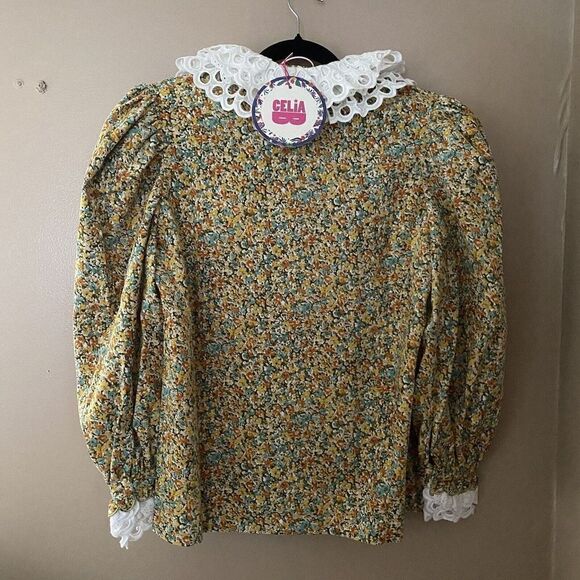 Celia B Sz M Corduroy Virginia Floral Peasant Top Blouse Lace Trim NWT - Picture 11 of 12